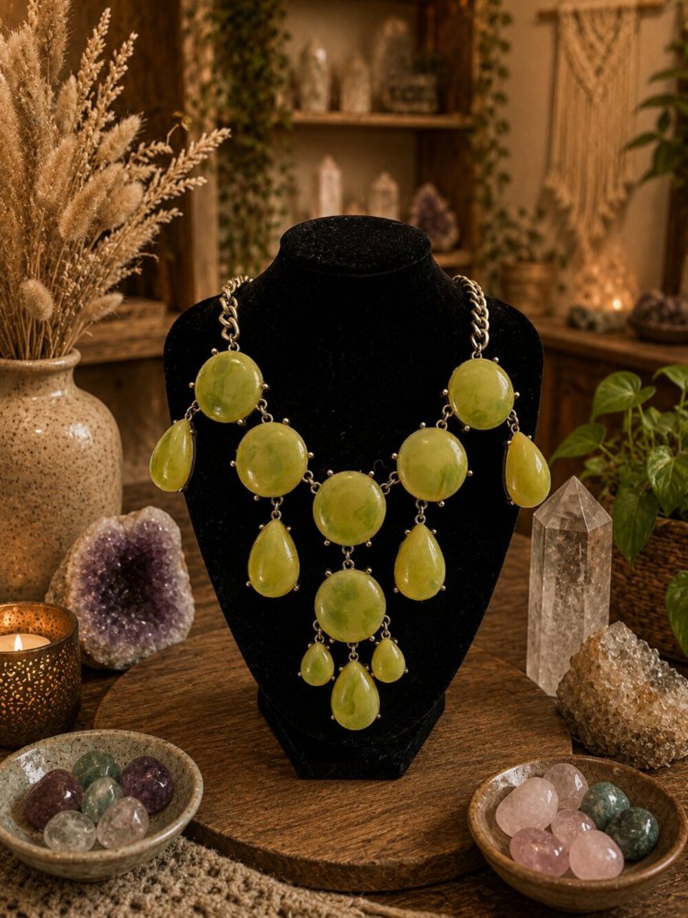 Bright Green Faux-Stone and Gold Tone Statement Necklace from Loft